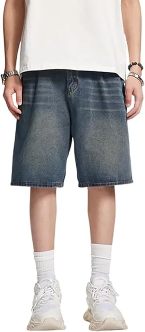 Mens Y2K Grunge Baggy Jean Shorts Wide Leg Hip Hop Skateboard Pants Loose Denim Shorts with Pockets Streetwear