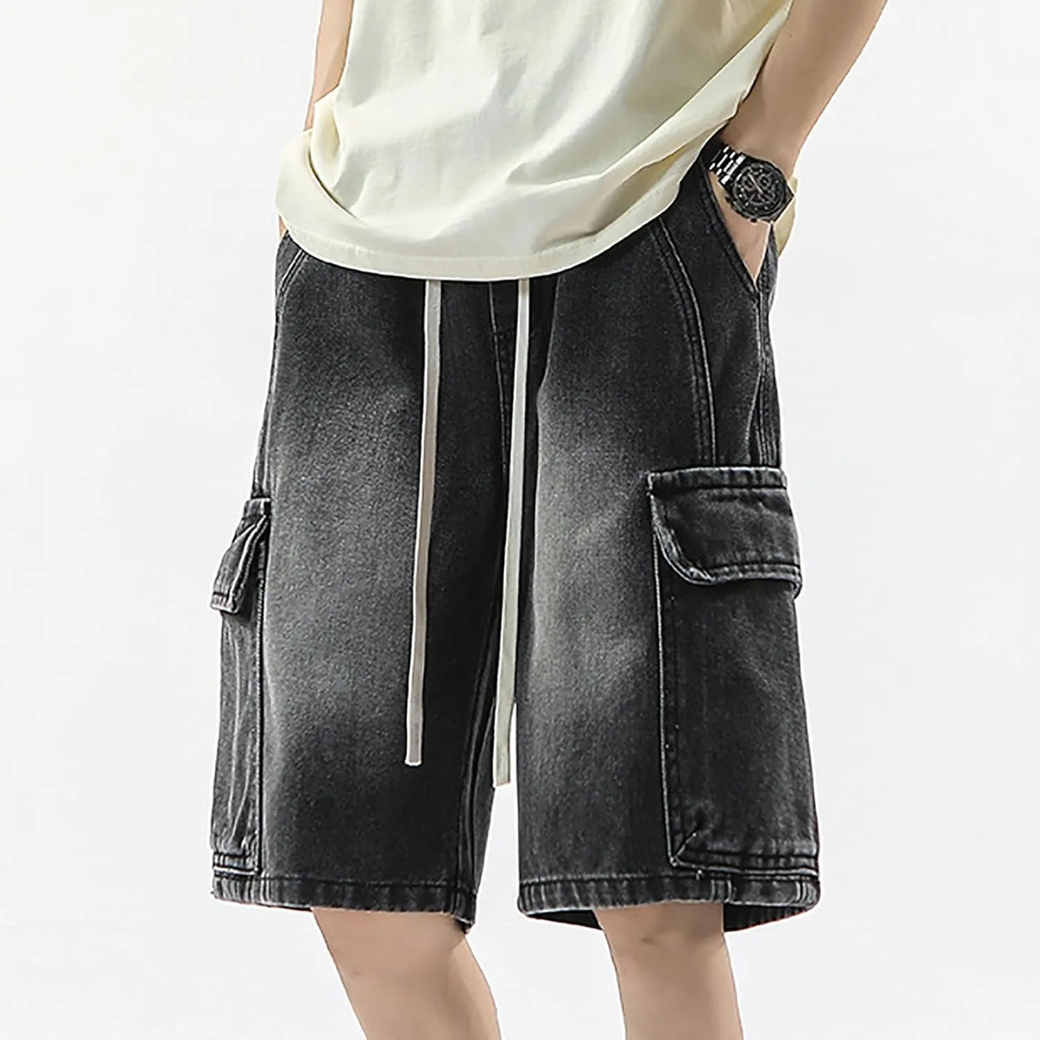 Men's Y2K Vintage Baggy Jean Shorts Summer Casual Hip Hop Long Loose Fit Denim Shorts Trendy Outfits