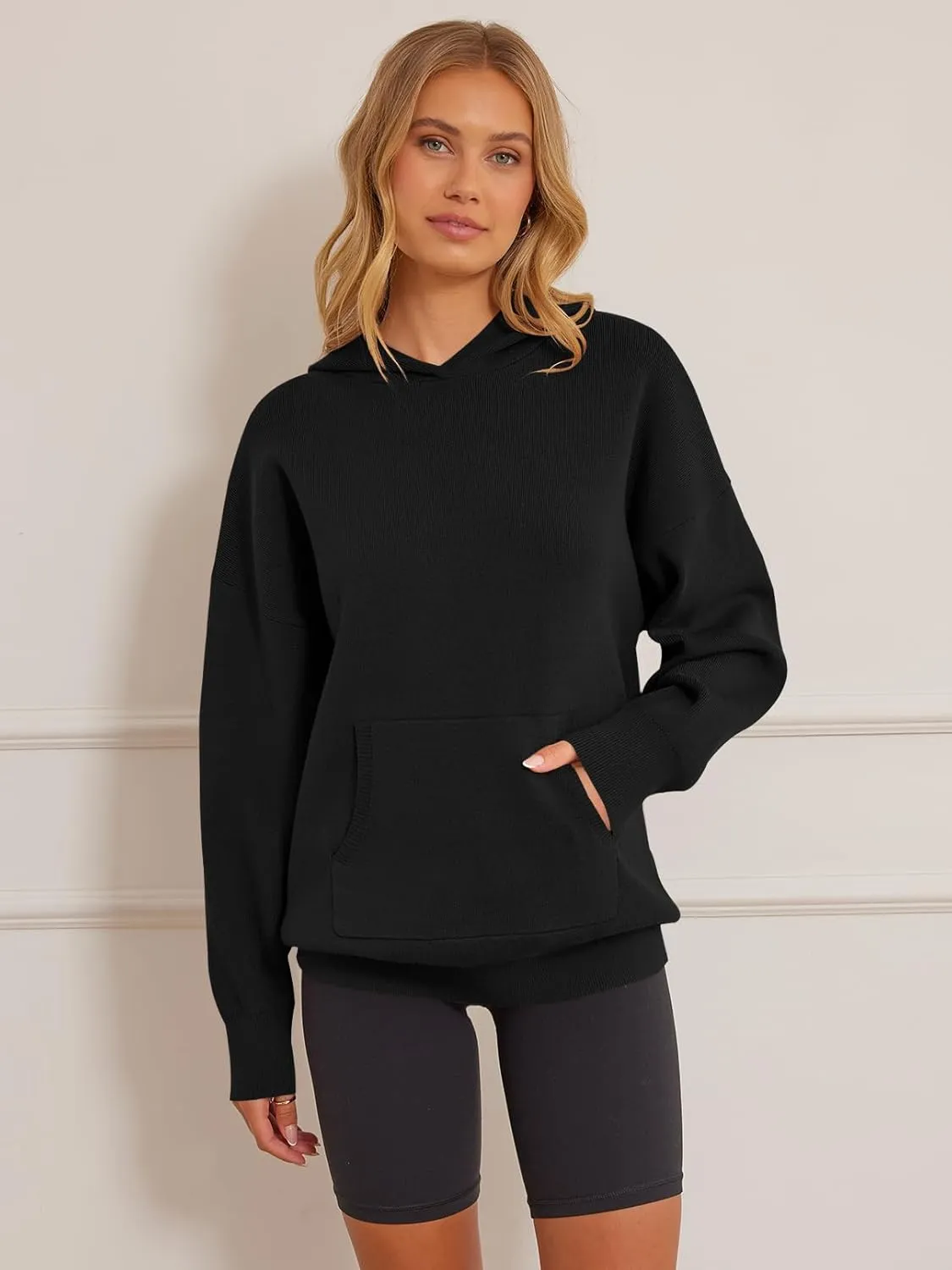 MEROKEETY Women's 2024 Fall Oversized Hoodie Long Sleeve Pullover Sweater Ribbed Knit Sweatshirt with Pockets