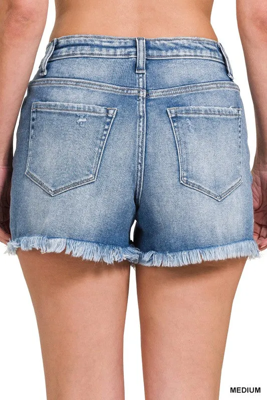Mid Rise Raw Frayed Hem Denim Shorts