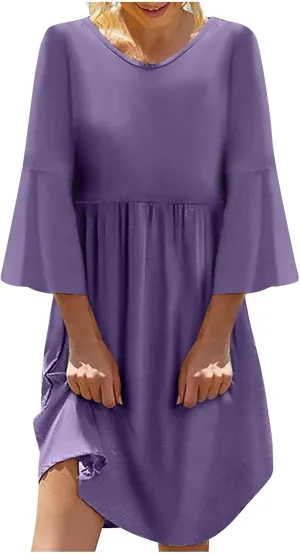 Midi Dress Women Plain 3/4 Sleeve Ruffle Aline Swing Casual Dresses Fashion Trendy 2025 Plus Size Cotton Linen Clothes