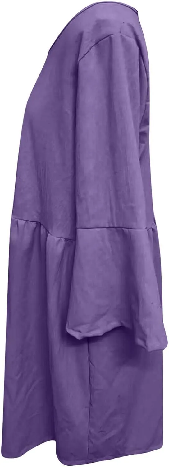 Midi Dress Women Plain 3/4 Sleeve Ruffle Aline Swing Casual Dresses Fashion Trendy 2025 Plus Size Cotton Linen Clothes