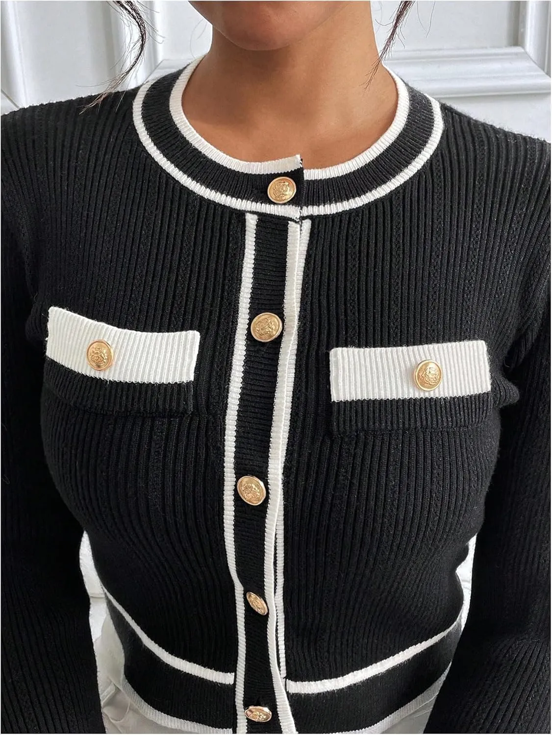 Milumia Women's Color Block Long Sleeve Sweater Elegant Button Down Cropped Cardigans