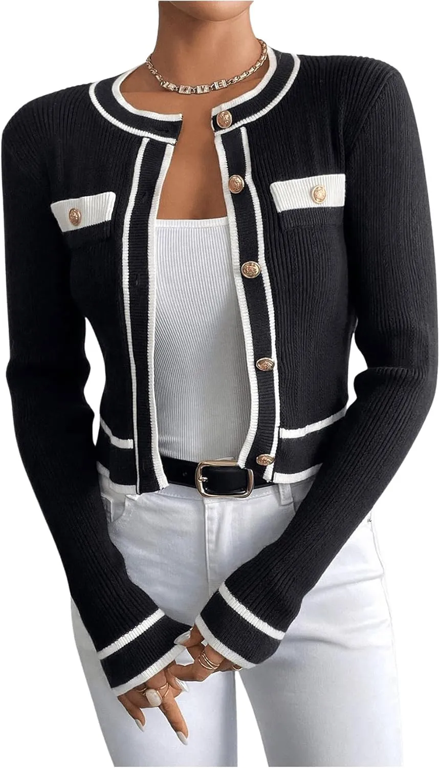 Milumia Women's Color Block Long Sleeve Sweater Elegant Button Down Cropped Cardigans