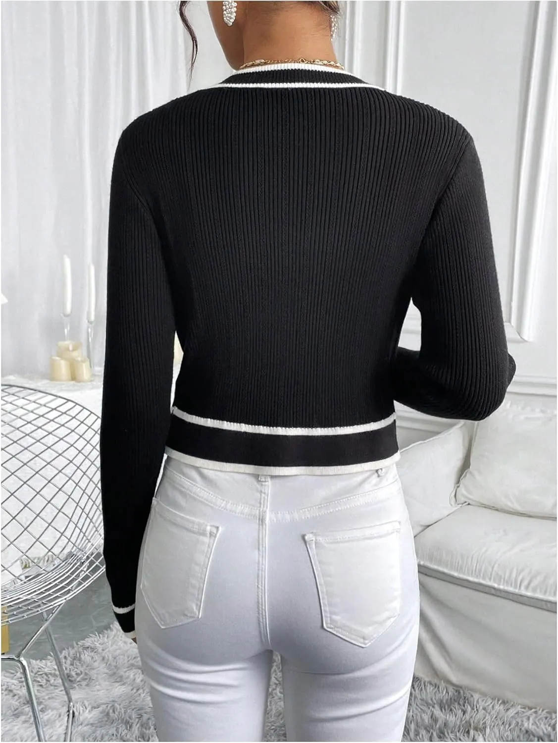 Milumia Women's Color Block Long Sleeve Sweater Elegant Button Down Cropped Cardigans