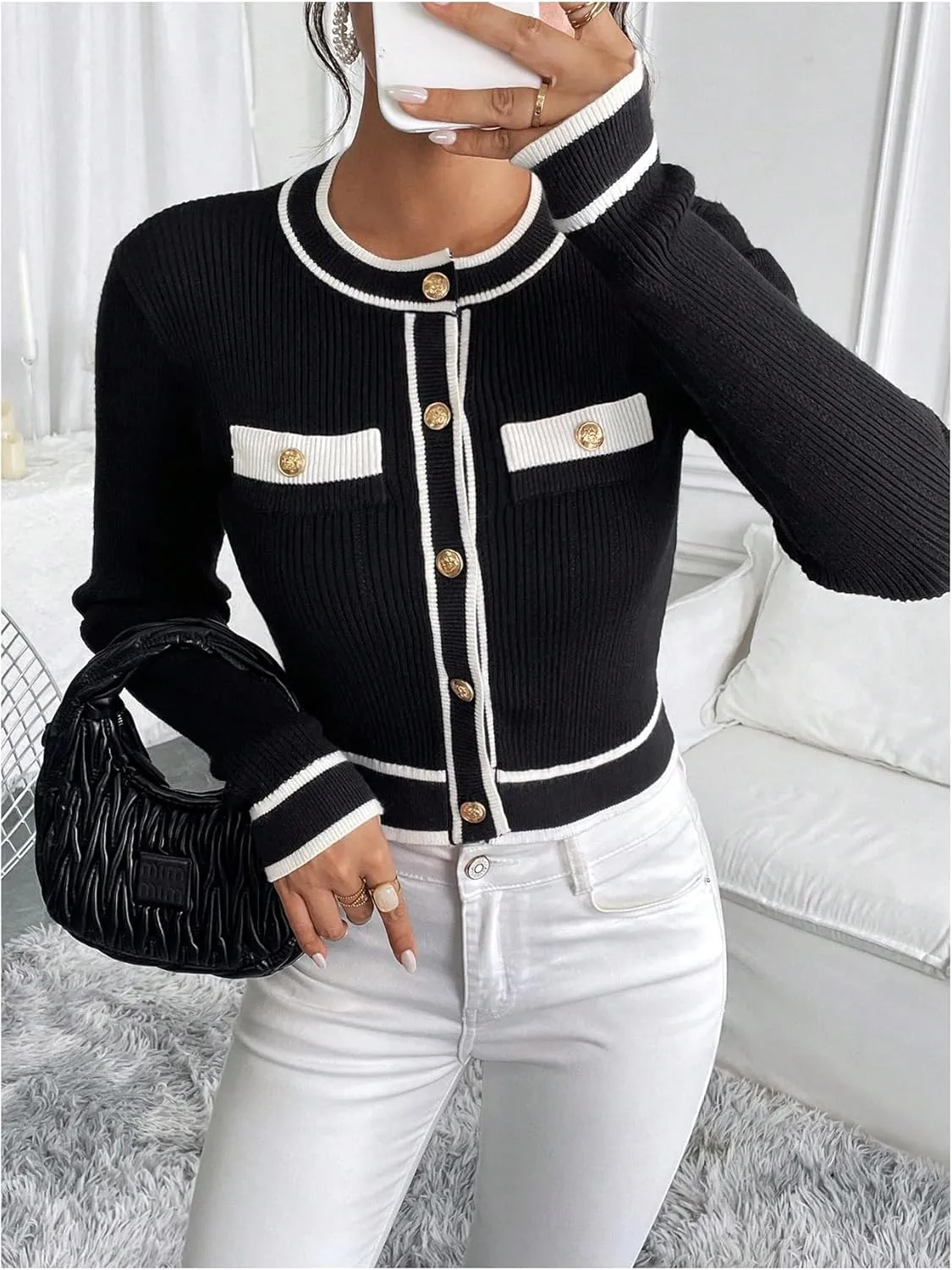 Milumia Women's Color Block Long Sleeve Sweater Elegant Button Down Cropped Cardigans