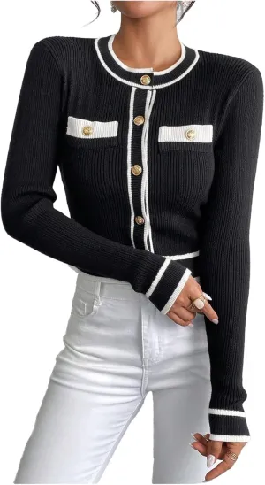 Milumia Women's Color Block Long Sleeve Sweater Elegant Button Down Cropped Cardigans