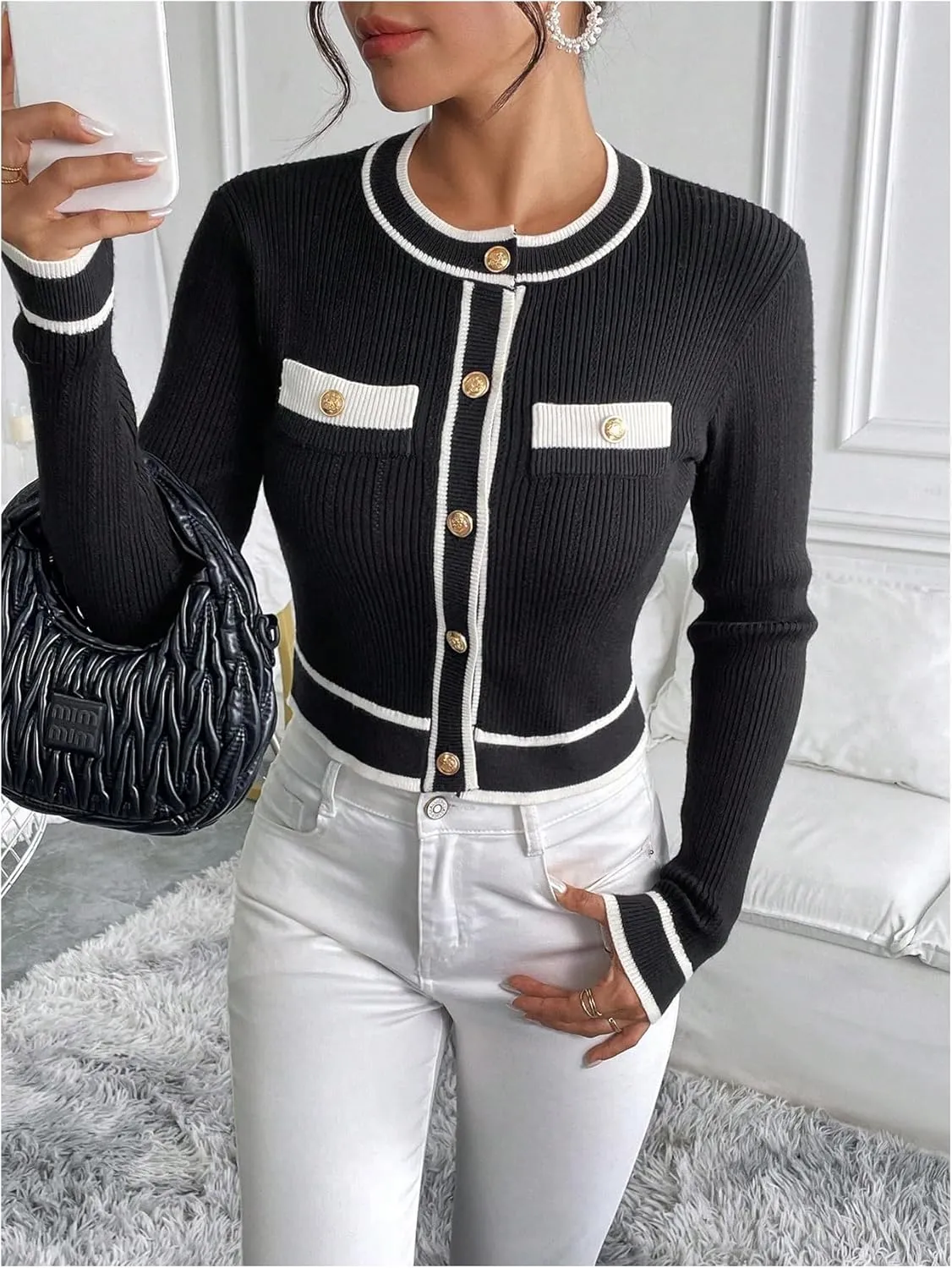 Milumia Women's Color Block Long Sleeve Sweater Elegant Button Down Cropped Cardigans