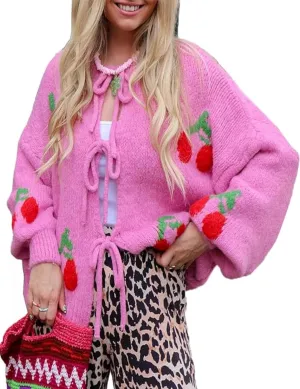 Mingzhu Womens Loose Bow Tie Open Front Cardigan Sweater Casual Long Sleeve Ribbed Knit Outwear
