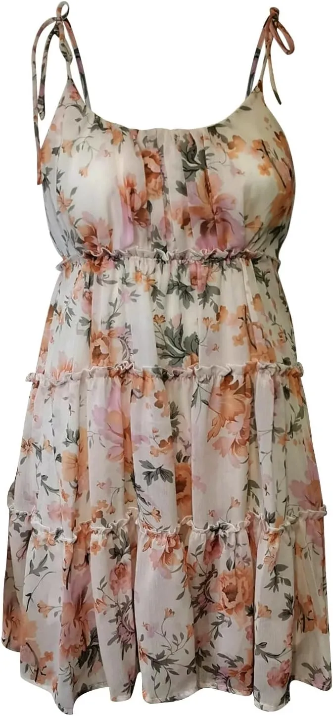 Mini Sun Dresses for Women Casual Summer Chiffon Floral Dress Tiered Ruffle Spaghetti Strap Dress Boho Flowy Dress