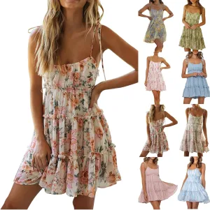 Mini Sun Dresses for Women Casual Summer Chiffon Floral Dress Tiered Ruffle Spaghetti Strap Dress Boho Flowy Dress
