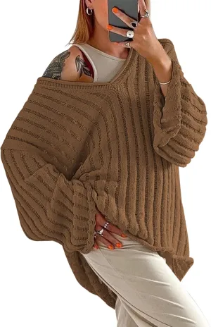 MISSACTIVER Womens Oversized Long Sleeve Sweater Sexy V Neck Off Shoulder Knit Solid Drop Shoulder Shirt Pullover Sweaters