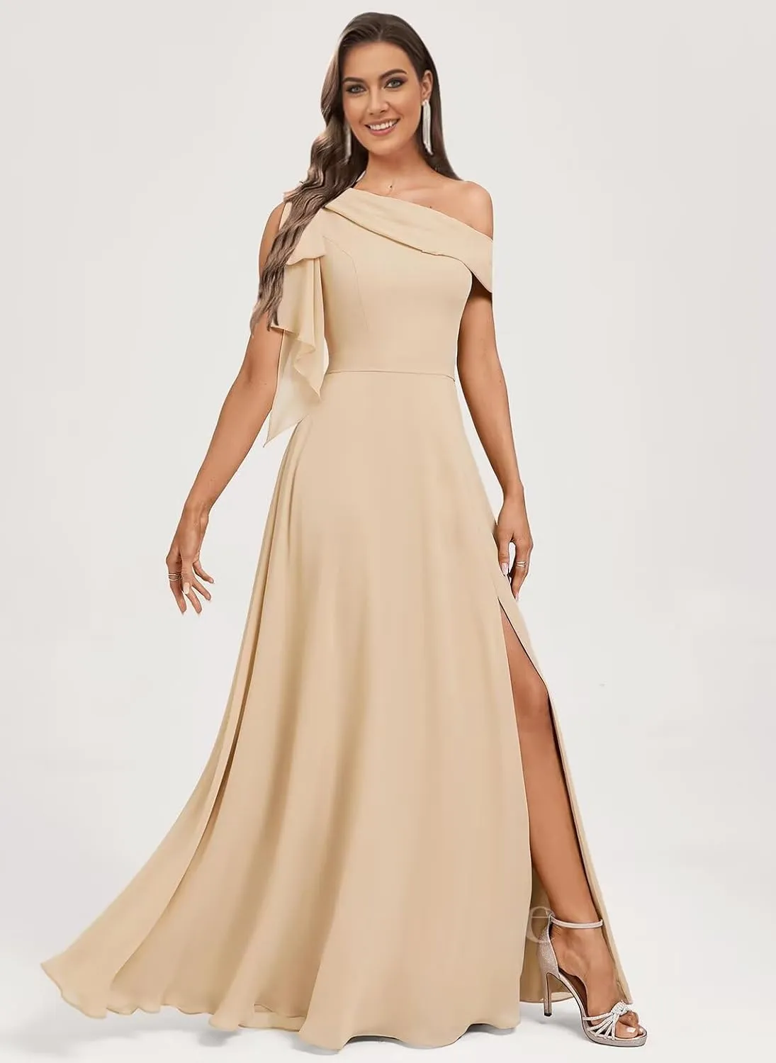 Monvelli One Shoulder Bridesmaid Dresses with Bow Long Chiffon Empire Waist Formal Evening Gowns with Pockets