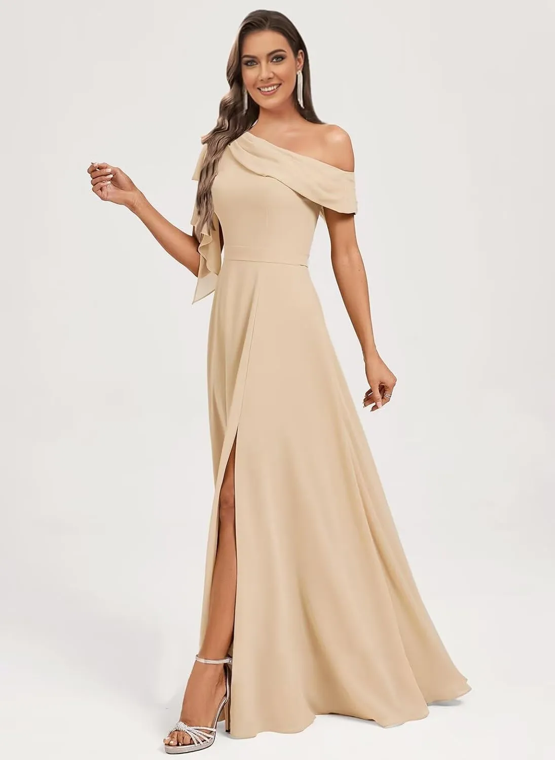 Monvelli One Shoulder Bridesmaid Dresses with Bow Long Chiffon Empire Waist Formal Evening Gowns with Pockets