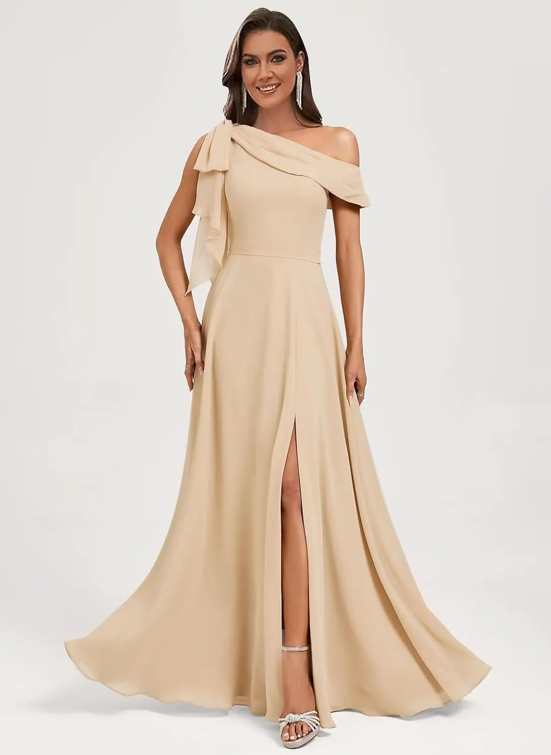 Monvelli One Shoulder Bridesmaid Dresses with Bow Long Chiffon Empire Waist Formal Evening Gowns with Pockets