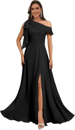 Monvelli One Shoulder Bridesmaid Dresses with Bow Long Chiffon Empire Waist Formal Evening Gowns with Pockets