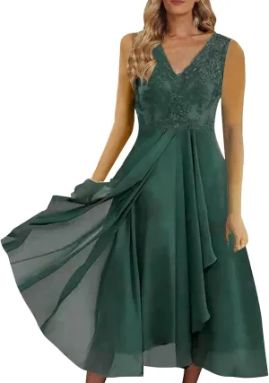 Mother of The Groom Dresses for Wedding Lace Appliques Short Sleeves High Low Crew Neck Chiffon Formal Evening Dress