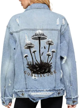Mushrooms Women's Oversized Denim Jacket - Unique Ladies Denim Jacket - Cool Denim Jacket