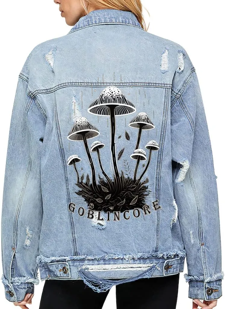 Mushrooms Women's Oversized Denim Jacket - Unique Ladies Denim Jacket - Cool Denim Jacket