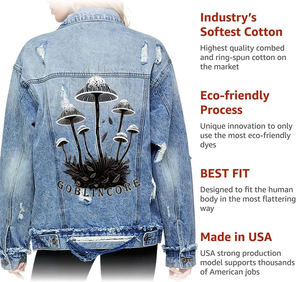 Mushrooms Women's Oversized Denim Jacket - Unique Ladies Denim Jacket - Cool Denim Jacket