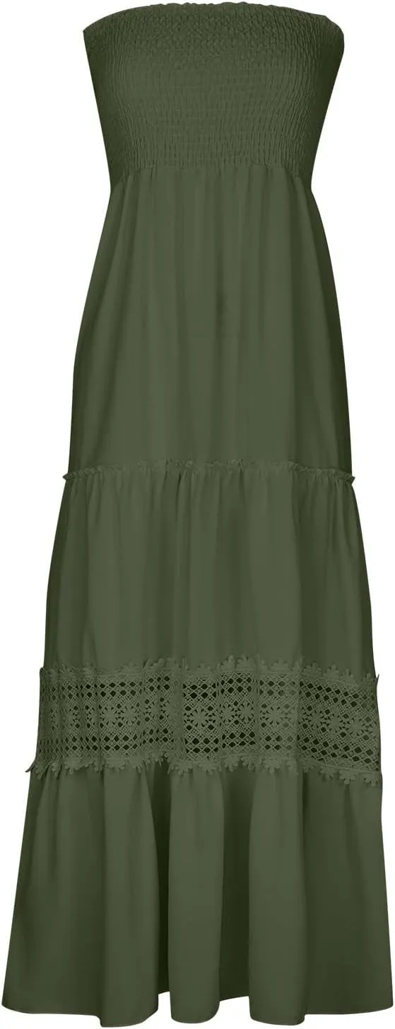 NaRHbrg Summer Dresses for Women 2024 Strapless Dress Boho Flowy Maxi Dress Tube Top Off Shoulder Sleeveless Long Sundress