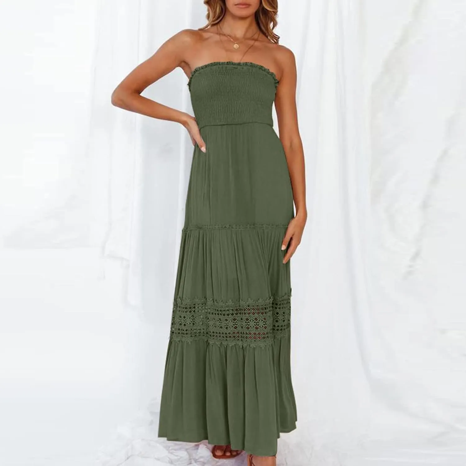 NaRHbrg Summer Dresses for Women 2024 Strapless Dress Boho Flowy Maxi Dress Tube Top Off Shoulder Sleeveless Long Sundress