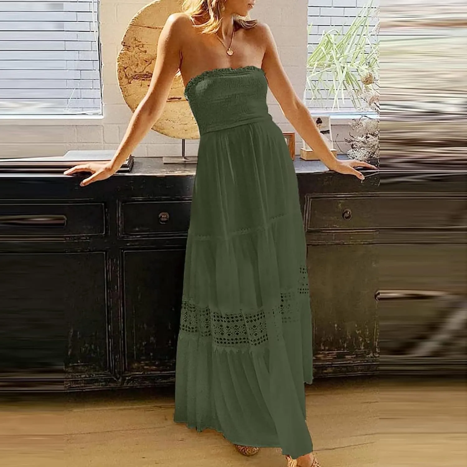 NaRHbrg Summer Dresses for Women 2024 Strapless Dress Boho Flowy Maxi Dress Tube Top Off Shoulder Sleeveless Long Sundress