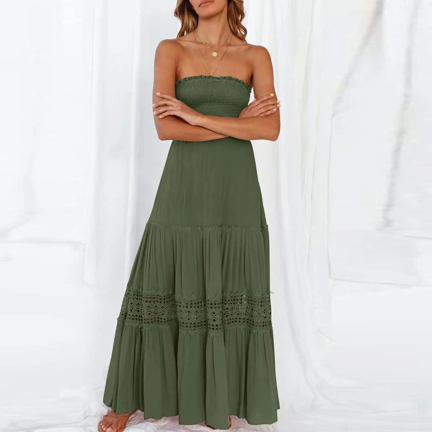 NaRHbrg Summer Dresses for Women 2024 Strapless Dress Boho Flowy Maxi Dress Tube Top Off Shoulder Sleeveless Long Sundress