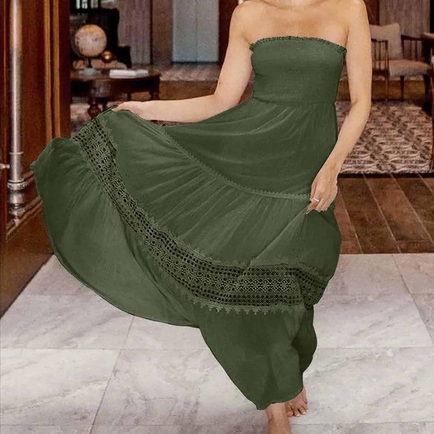 NaRHbrg Summer Dresses for Women 2024 Strapless Dress Boho Flowy Maxi Dress Tube Top Off Shoulder Sleeveless Long Sundress