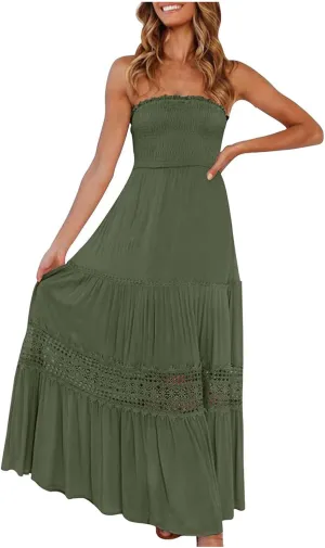 NaRHbrg Summer Dresses for Women 2024 Strapless Dress Boho Flowy Maxi Dress Tube Top Off Shoulder Sleeveless Long Sundress