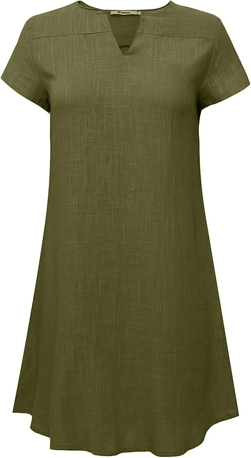 NaRHbrg Women's Linen Tunic Dresses V-Neck Baggy Midi Dress Beach Vacation Solid Plus Size T-Shirt Mini Shift Dress Sundress
