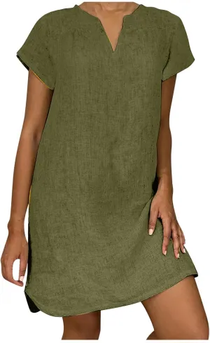 NaRHbrg Women's Linen Tunic Dresses V-Neck Baggy Midi Dress Beach Vacation Solid Plus Size T-Shirt Mini Shift Dress Sundress