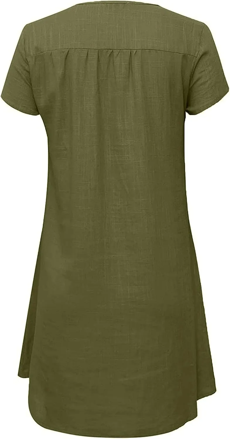 NaRHbrg Women's Linen Tunic Dresses V-Neck Baggy Midi Dress Beach Vacation Solid Plus Size T-Shirt Mini Shift Dress Sundress