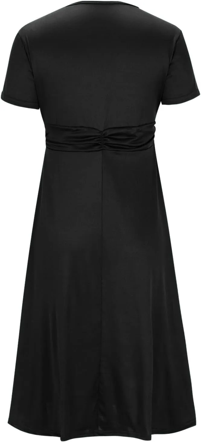 NaRHbrg Women's Wrap Midi Dress Elegant Short Sleeve V Neck Belted Ruffled Dresses Plus Size Formal Cocktail Wedding Dress
