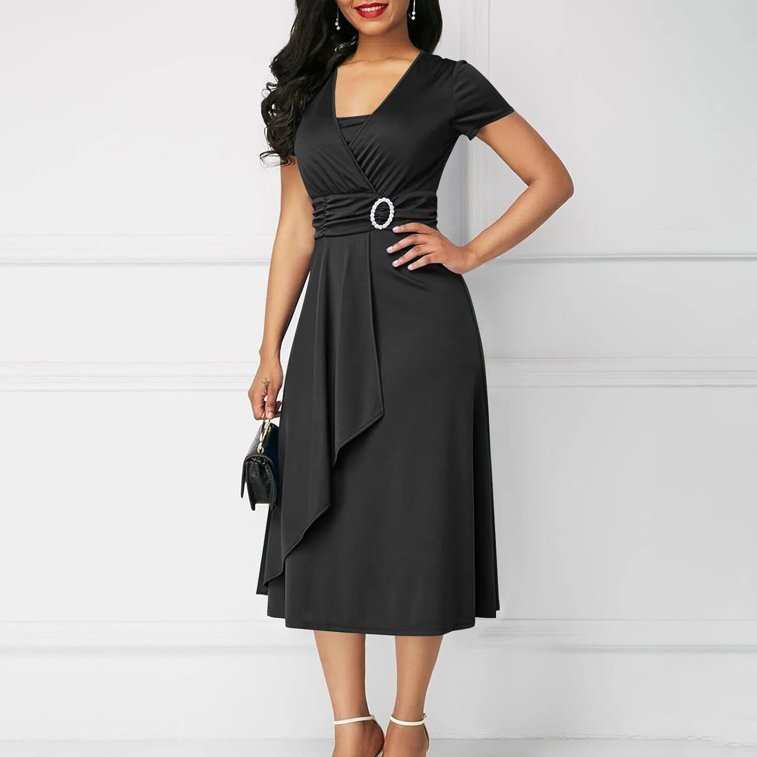 NaRHbrg Women's Wrap Midi Dress Elegant Short Sleeve V Neck Belted Ruffled Dresses Plus Size Formal Cocktail Wedding Dress