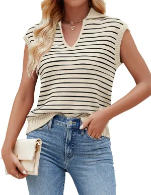 NENONA Women's V Neck Cap Sleeve Summer Sweater Tops 2024 Striped Casual Loose Knit Vest