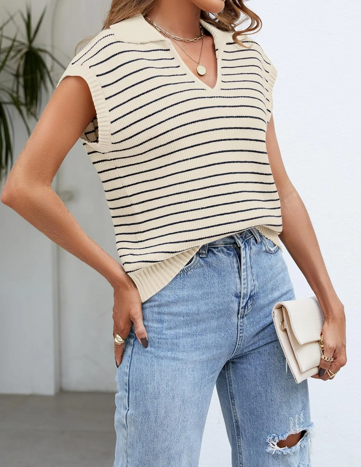 NENONA Women's V Neck Cap Sleeve Summer Sweater Tops 2024 Striped Casual Loose Knit Vest