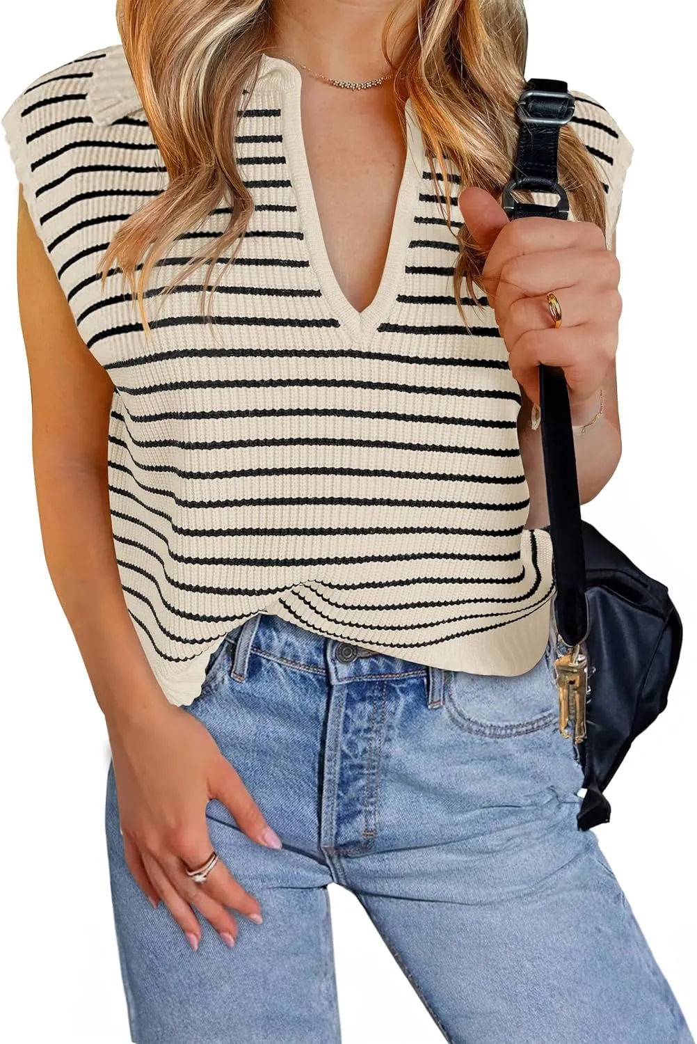 NENONA Women's V Neck Cap Sleeve Summer Sweater Tops 2024 Striped Casual Loose Knit Vest