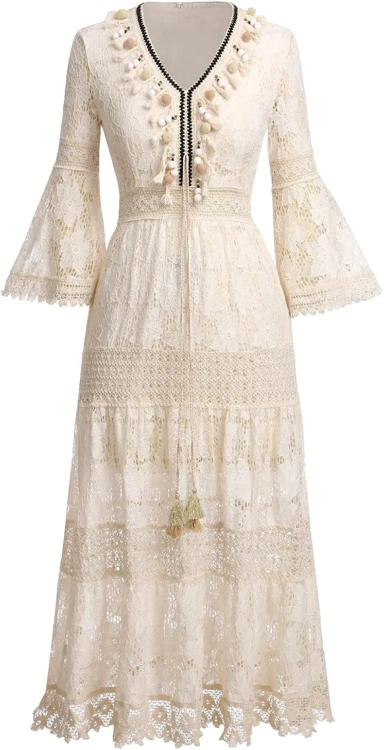 OBEEII Boho Dress for Women, Sleeveless V Neck Lace Up Tassel Summer Beach Maxi Dresses Flowy Long Sundress