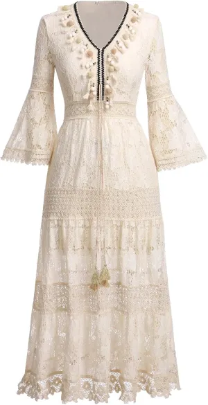 OBEEII Boho Dress for Women, Sleeveless V Neck Lace Up Tassel Summer Beach Maxi Dresses Flowy Long Sundress