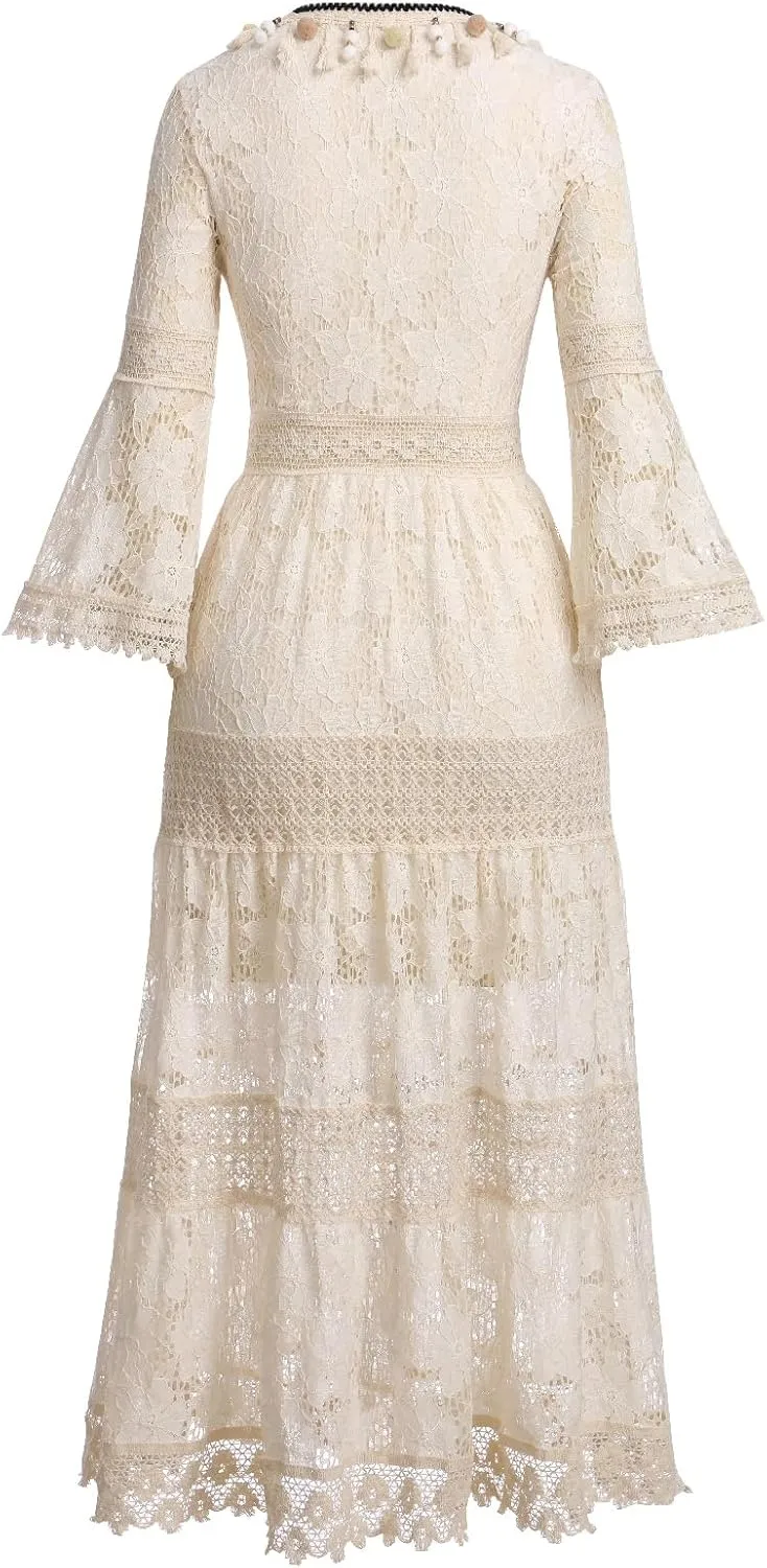 OBEEII Boho Dress for Women, Sleeveless V Neck Lace Up Tassel Summer Beach Maxi Dresses Flowy Long Sundress