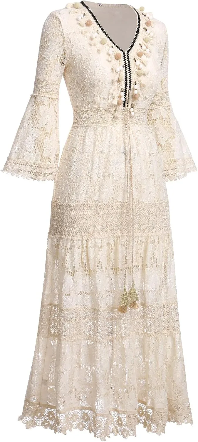OBEEII Boho Dress for Women, Sleeveless V Neck Lace Up Tassel Summer Beach Maxi Dresses Flowy Long Sundress