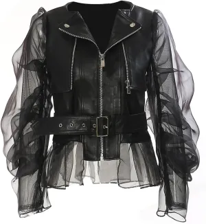 OCUH Leather Jacket motorcycle jacket womens leather jacket Oversized Long Sleeve Coat (S,Black,Small)