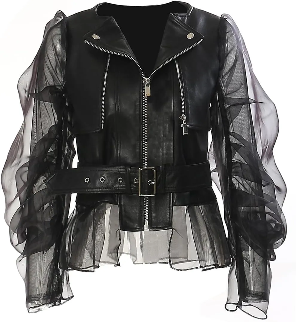 OCUH Leather Jacket motorcycle jacket womens leather jacket Oversized Long Sleeve Coat (S,Black,Small)