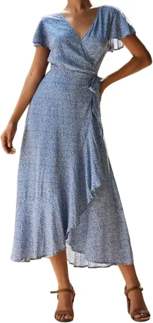 Ollysqiar Dresses Women's 2023 Floral Summer Dress Wrap V Neck Short Sleeve Belted Ruffle Hem A-Line Bohemian Dresses A02 91