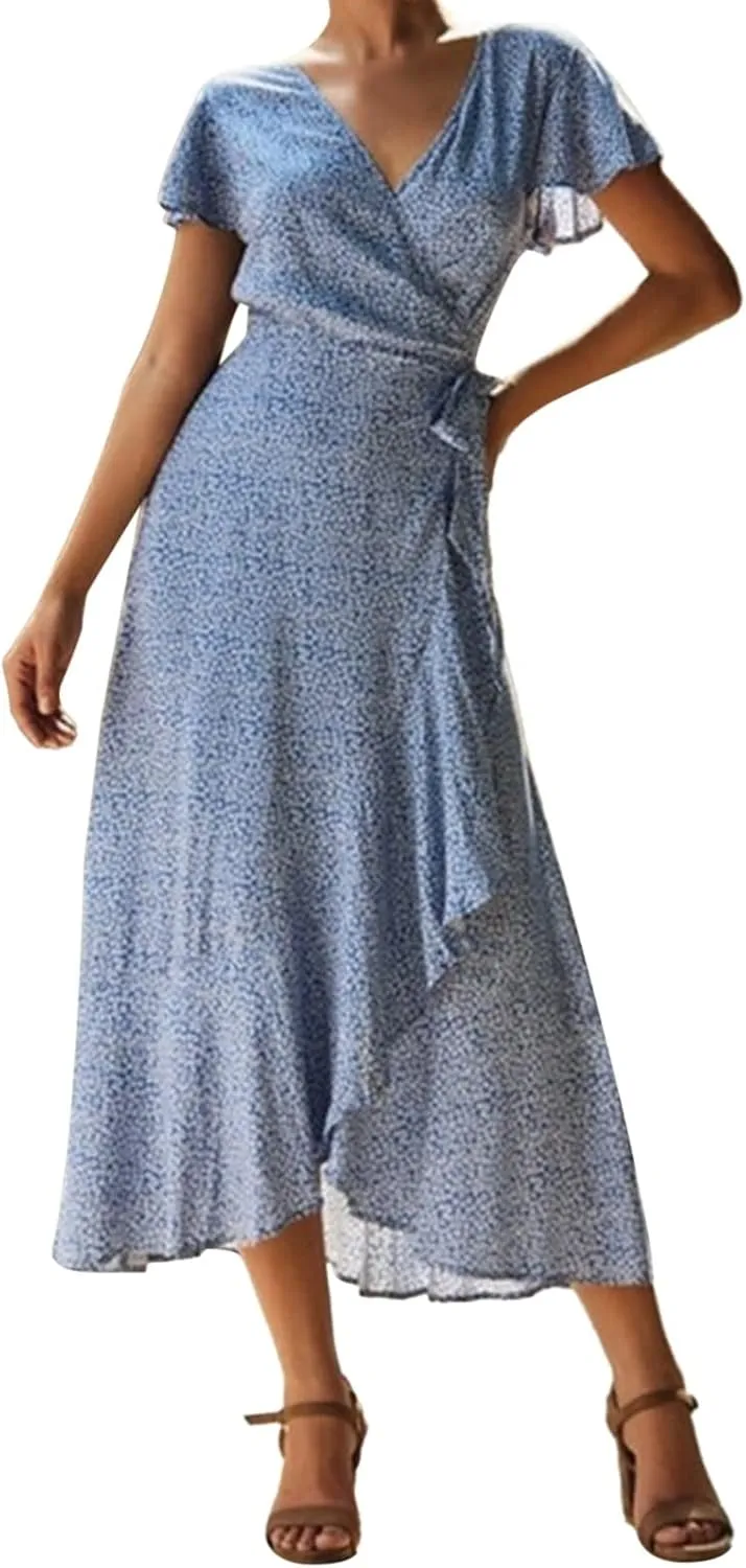 Ollysqiar Dresses Women's 2023 Floral Summer Dress Wrap V Neck Short Sleeve Belted Ruffle Hem A-Line Bohemian Dresses A02 91
