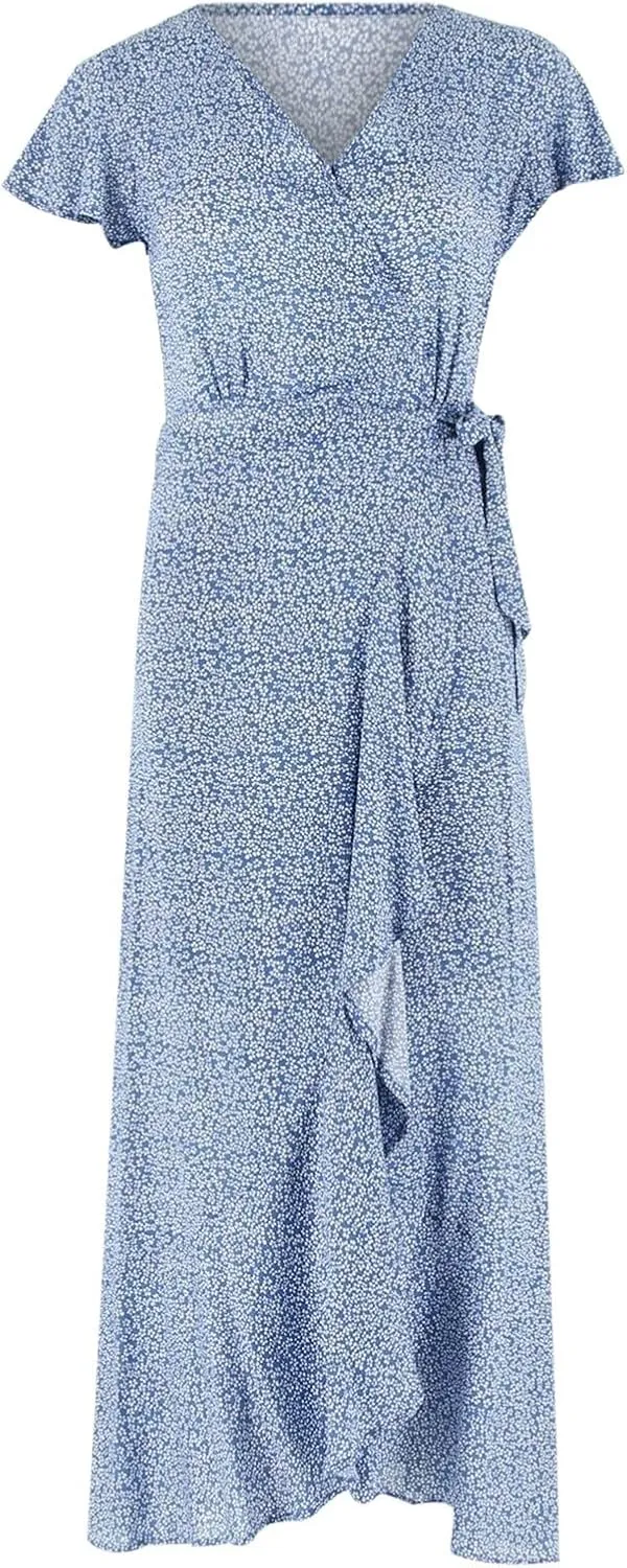 Ollysqiar Dresses Women's 2023 Floral Summer Dress Wrap V Neck Short Sleeve Belted Ruffle Hem A-Line Bohemian Dresses A02 91