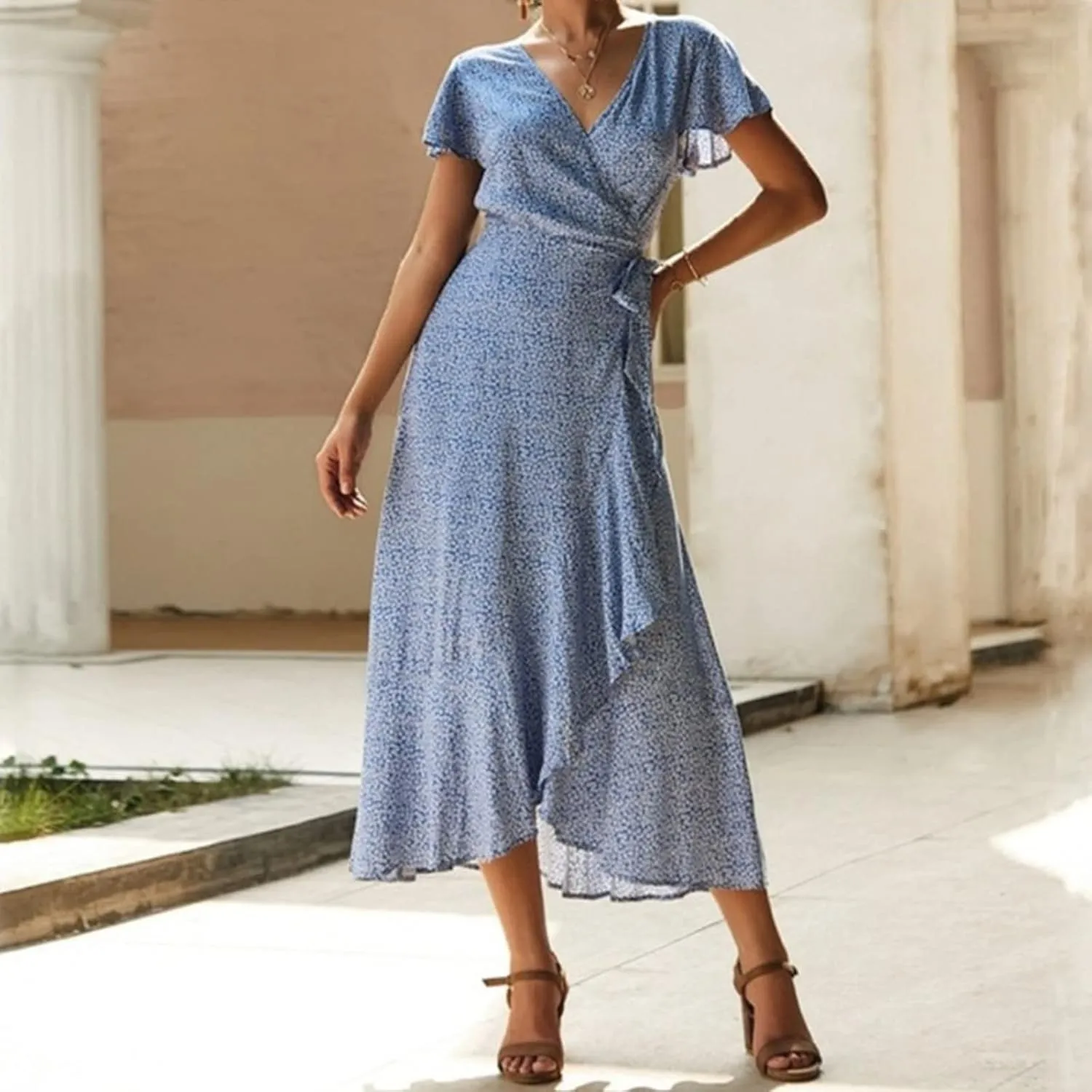 Ollysqiar Dresses Women's 2023 Floral Summer Dress Wrap V Neck Short Sleeve Belted Ruffle Hem A-Line Bohemian Dresses A02 91