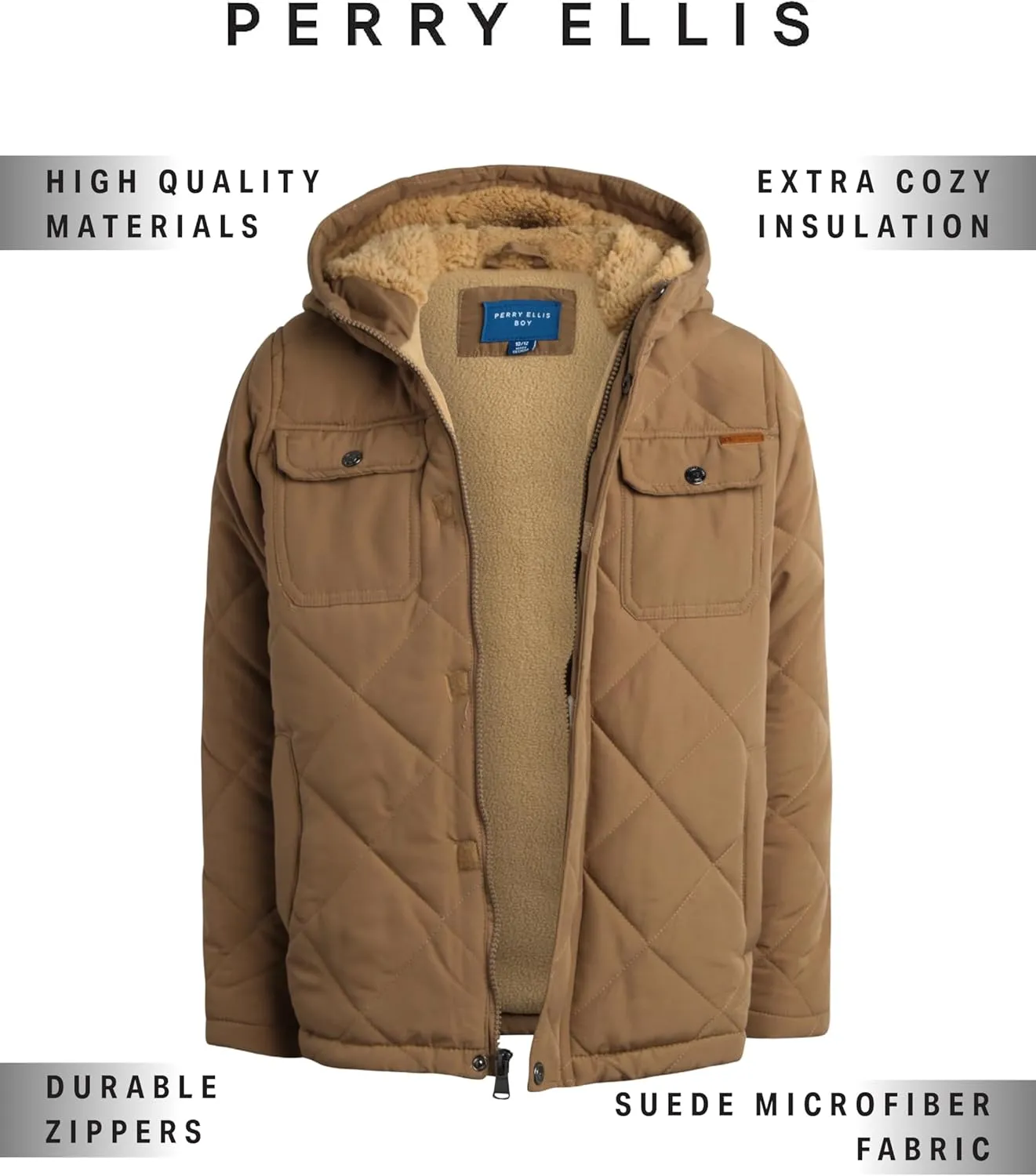Perry Ellis Boys' Winter Jacket - Suede Microber Quilted Jacket with Hood - Warm Insulated Outerwear Jacket for Boys (8-18)