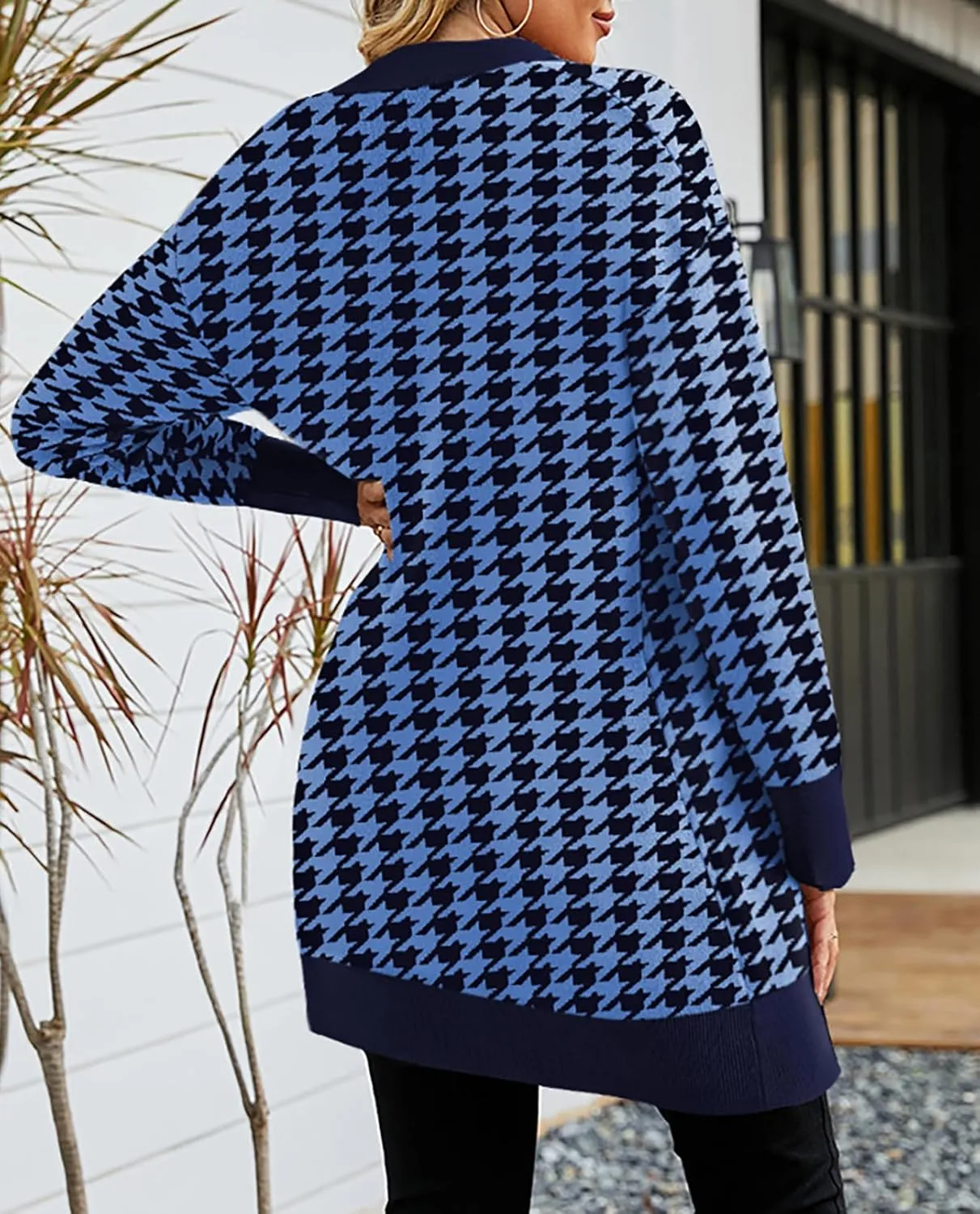 Pink Queen 2024 Fall Long Cardigan for Women Long Sleeve Open Front Button V Neck Houndstooth Cardigans Sweaters Dress